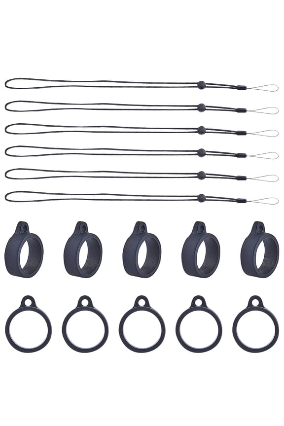 36Pcs Rings with 6Pcs Polyester Necklace Lanyard Anti-Loss Pendant Holder for Pen Phone Badge Holder Black 2.75x2.2x0.8cm for DIY
