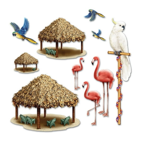 Beistle Tiki Hut and Tropical Bird Photo Props 10 Piece Luau Decorations, 8" - 50", Multicolored