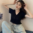 thumbnail image 5 of Summer Women's Multi-color Fashion V-neck Button Short Section Exposed Navel Knitted Short-sleeved T-shirt, 5 of 5