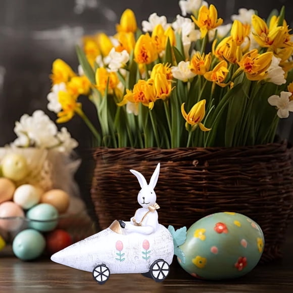 Weloille Easter Bunny Riding Radish Cart Resin Figurine 1 Piece, Cute Cartoon Hand-Painted Statue, Stable Base Tabletop Ornament, for Desk Shelf Living Room Easter Home Decor