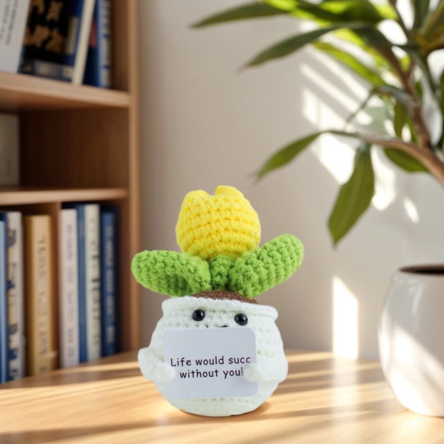 Plantas de crochet en macetas plantas en macetas con tarjeta positiva plantas emocionales positivas positivas de flores inspiradores adornos de crochet creativo para la oficina en casa