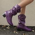 thumbnail image 3 of Western Boots for Women Slouchy Leather Block Heel Round Toe Mid Calf Booties Winter Thickened Warm Casual Retro Long Boots Purple Size 7.5, 3 of 5