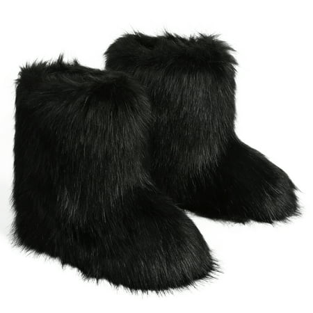 

Womens Faux Fur Boots Winter Fuzzy Fluffy Warm Furry Round Toe Suede Boot Slip On Outdoor Indoor Winter Mid Calf Snow Booties Comfortable Fashion Flat Shoes