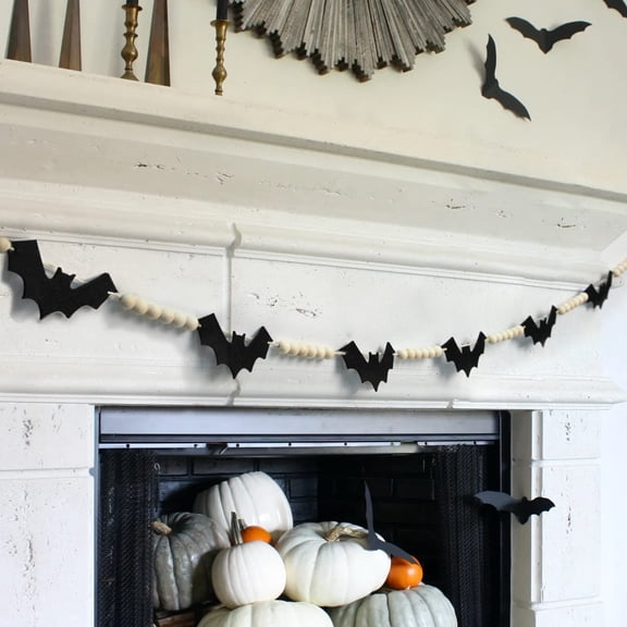 Halloween Decorations Indoor/Outdoor, Wood Felt Bats Bead Garland Banner for Halloween Decor, Farmhouse Bats Garland Decorations for Fireplace Mantle Walls 4.67ft