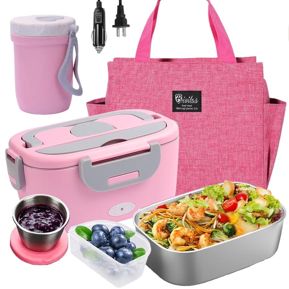 Electric Heated Lunch Box Set with electric lunchbox、soup cup、fruit container、Sauce box、lunchbag. 60W Fast Heating, 1.5L Food-Grade 304 Stainless Steel for Car Truck Office
