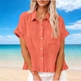 thumbnail image 2 of Yeaiivve Womens Short Sleeve Buttons Up Shirts with Ruffle Trim Ladies Dressy Casual Linen Tops Comfy Lightweight Collared Business Work Blouses Orange,XL, 2 of 7