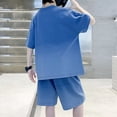 thumbnail image 3 of RUTAYY Boys Tracksuit Cartoon Face Letter Print Crew Neck Short Sleeve Top Loose Shorts 2 Piece Outfit Set Blue, 3 of 3