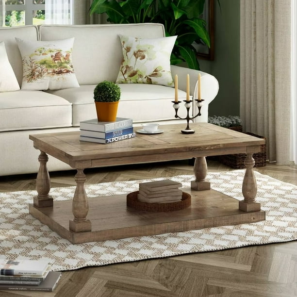Rustic Oversized Coffee Table, Floor Shelf Coffee Table with Storage, Farmhouse Coffee Table