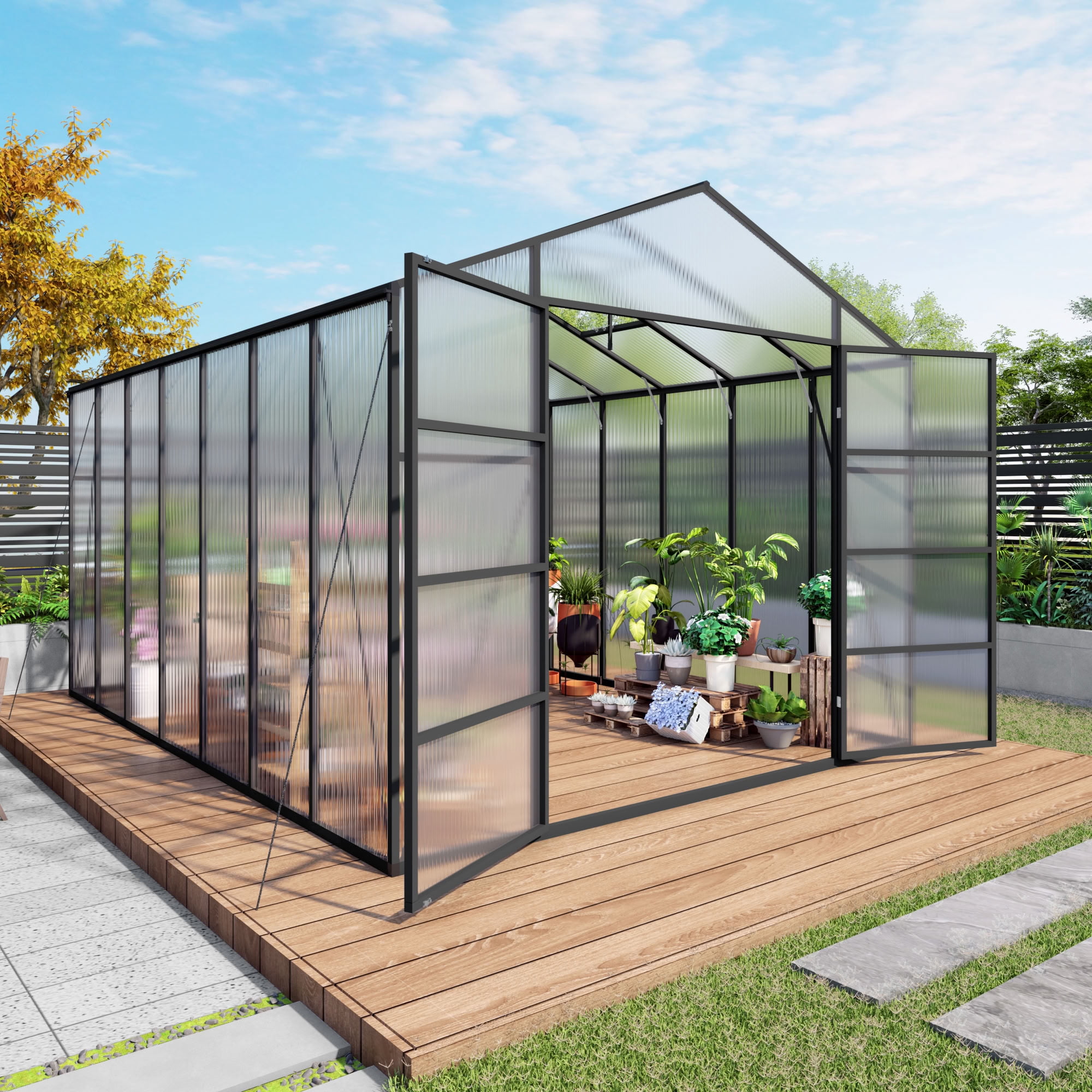 MAYEERTY 10x14 FT Walk-in Greenhouse with Aluminum Frame, All-Season Windproof Greenhouse with Drainage for Backyard, Garden & Patio