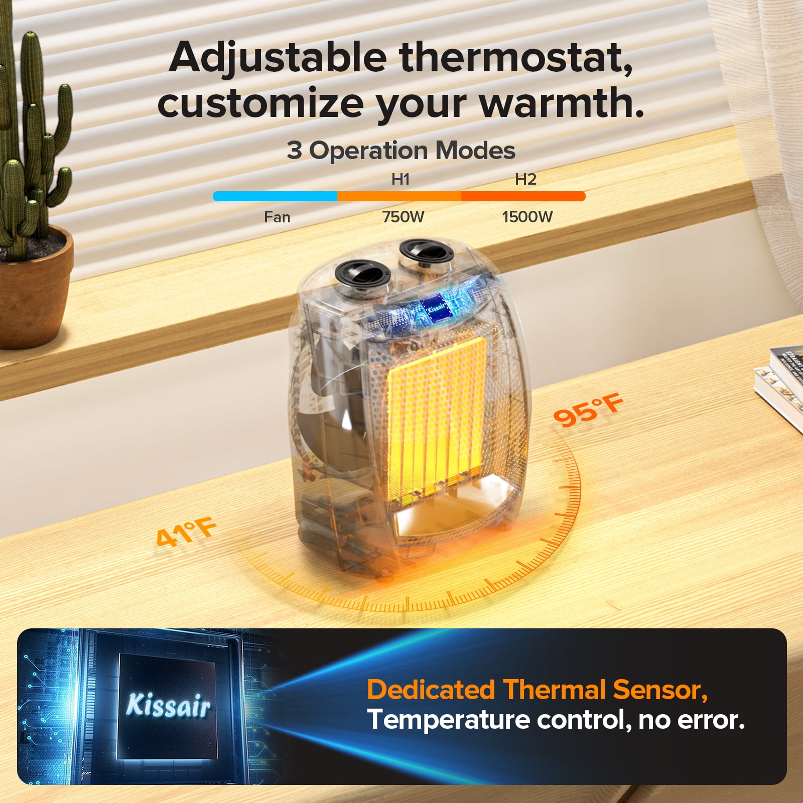 KISSAIR 750W/1500W Space Heater - ETL Certified, Silent Heating, V-0 Flame Retardant, Ceramic, Portable for Home & Christmas (Black)