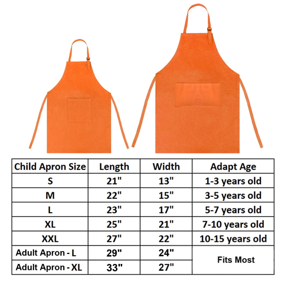 Opromo Colorful Cotton Canvas Kid\'s & Adult\'s Aprons with Pocket, Artist Apron & Chef Apron in Set (Orange, 21"L x 13"W/29"L x 24"W)