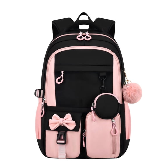 Black Pink Bow Backpack for Girls, 32L School Bookbag with Laptop Sleeve, Pom Pom Pendant and Side Pockets for Kids Teens Elementary Middle High School