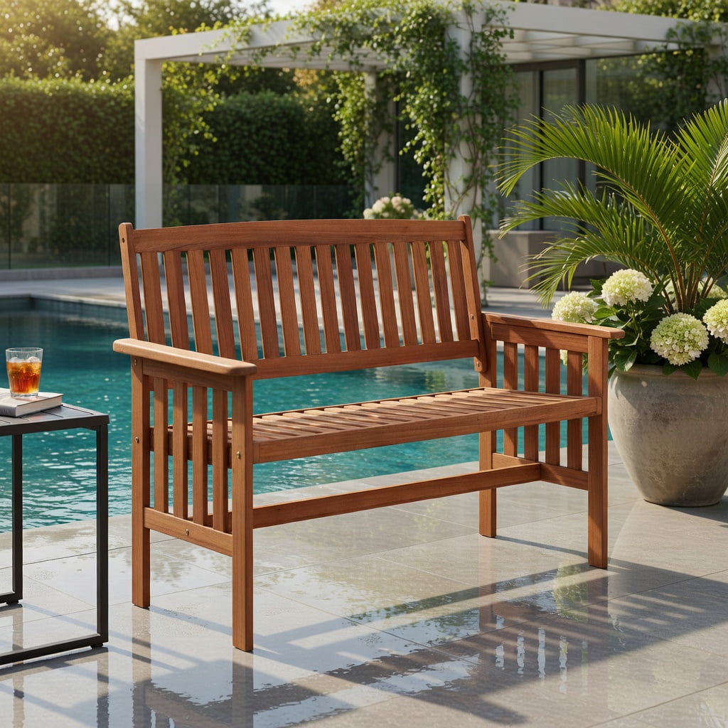 Hommoo 2-Person Wood Outdoor Garden Bench with Backrest, Armrests & Slatted Seat, Sturdy Patio, Porch & Deck Seating for Backyard Relaxation, Natural