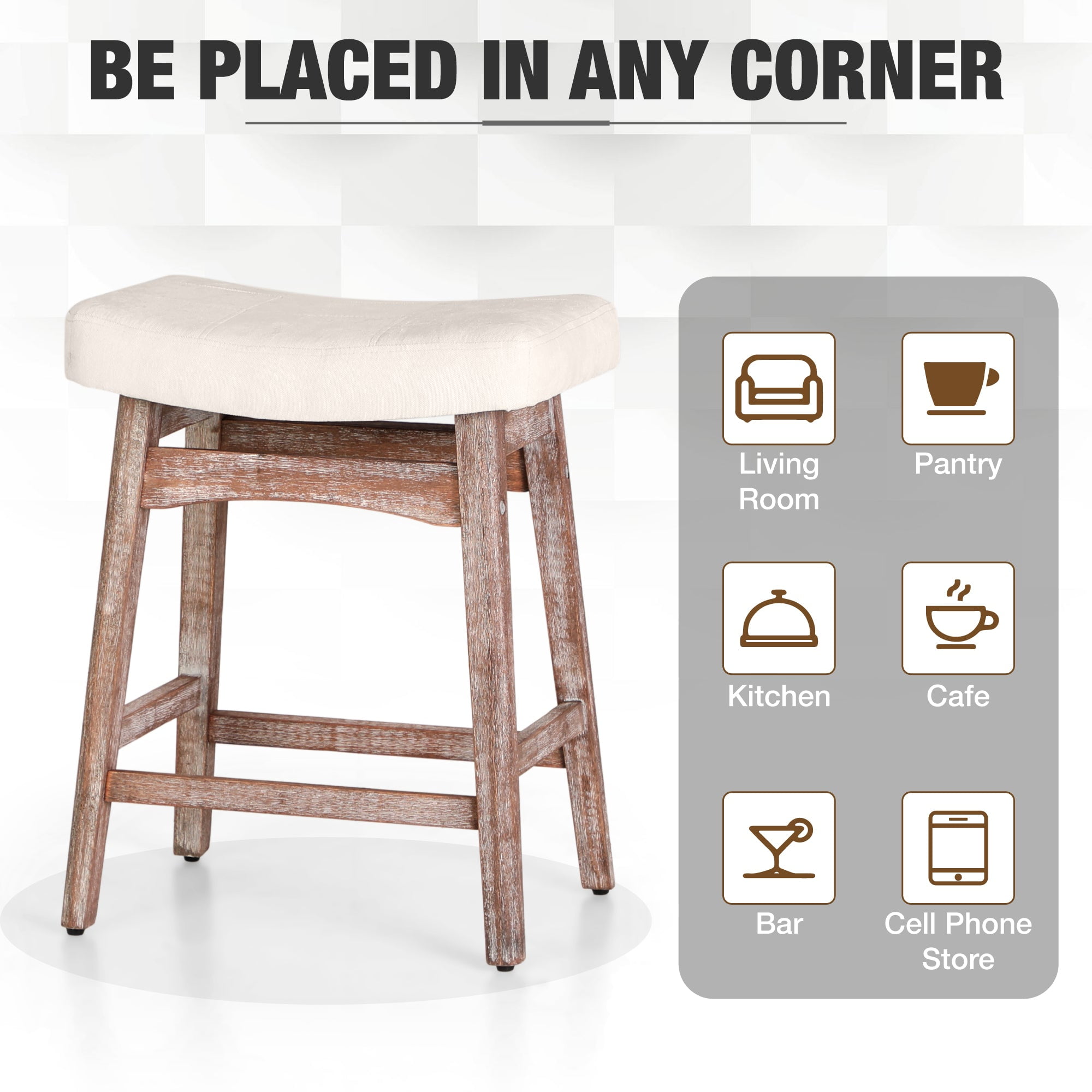 Summit Living 24 inch Wooden Backless Counter Height Bar Stools Set of 3, Linen Saddle Stools Chairs for Kitchen, White