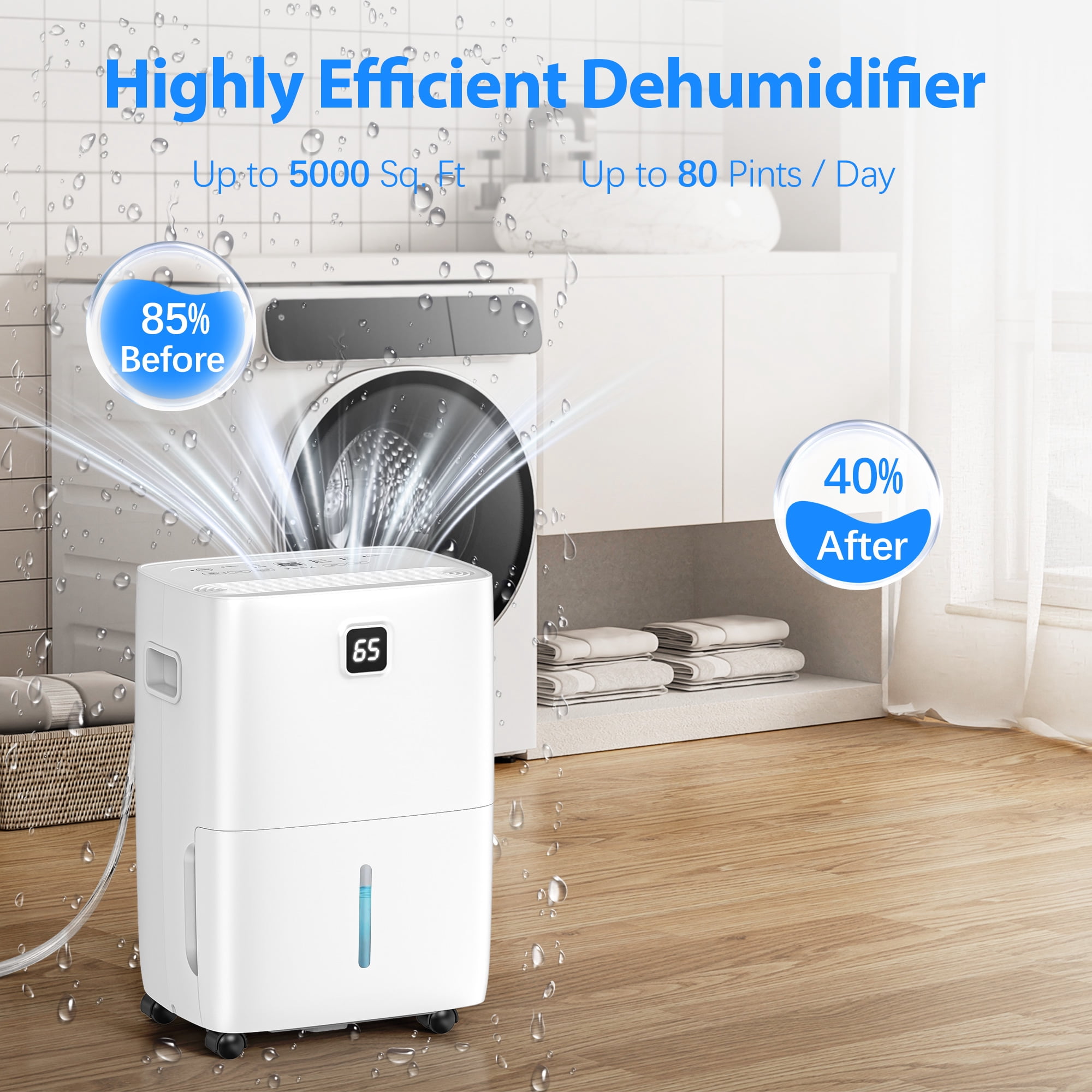 Aootek  Dehumidifier for Home,DOE 30pints/day Dehumidifier for Basement up to 5000 Sq.ft ,MAX 80 Pints Dehumidifier with drain hose,1.06gal water tank,HumidityControl,Quiet,Timer,White.