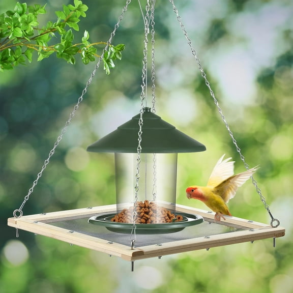 16 Inch Bird Seed Catcher Tray for Hanging Feeders, Wooden Hoop with Metal Hooks, Reduces Seed Waste, Ideal for Backyard Gardens