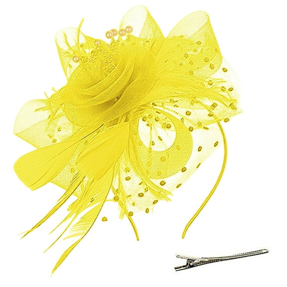 Baberdicy Women's Fascinator - Feather Flower Headband - Wedding/Church Hat - Cocktail Party Hair Clip - Elegant Mesh Design - Gift Ready Yellow,One Size