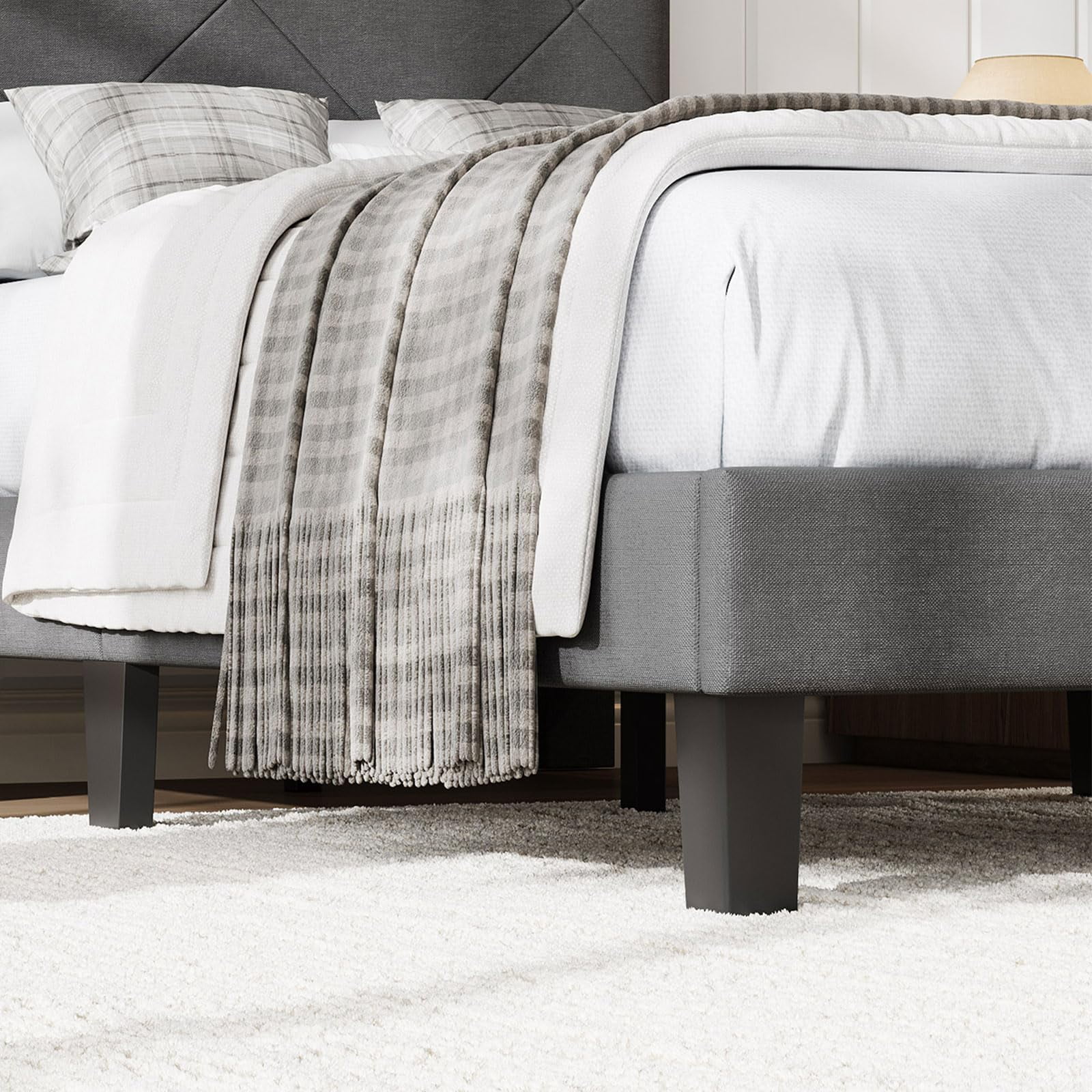 Modern Upholstered Bed Frame with High-Quilted Headboard – Gray Fabric Platform. 900lb Capacity. King size
