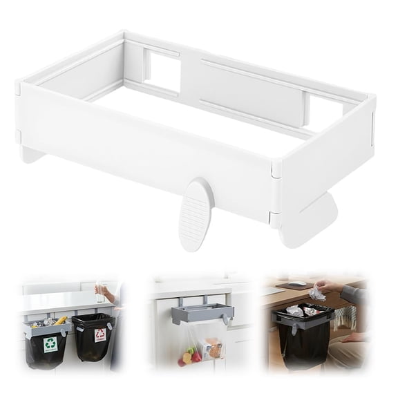 Foldable Trash Can & Bag Holder, Wall-Mounted Kitchen & Bathroom Storage Rack Plastic Bag Hanger for Cabinet or RV White