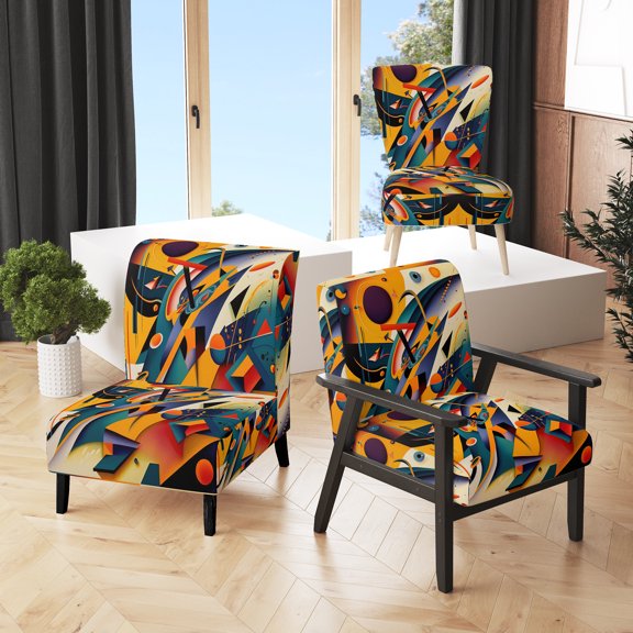 Designart "Vibrant Multicolor Geometric Shapes in Orange II" Multicolor Modern Upholstered Accent Chair - Modern Arm Chair For Living Room