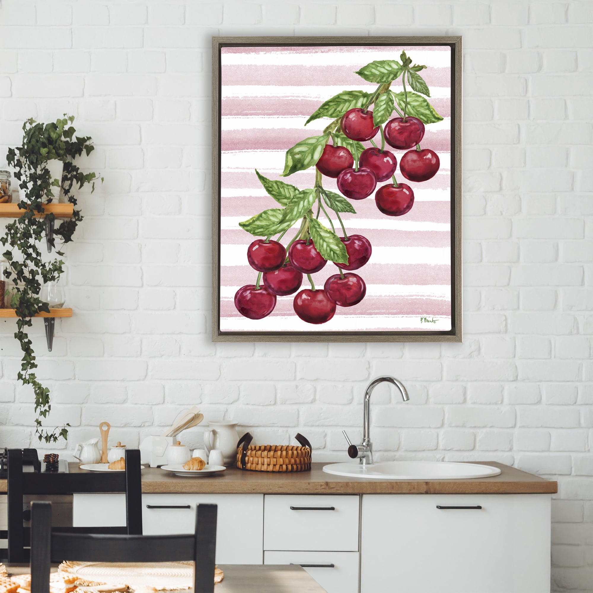 Stupell Industries Juicy Cherry Vine on Stripes Brown Framed Floater Canvas Wall Art, design by Paul Brent