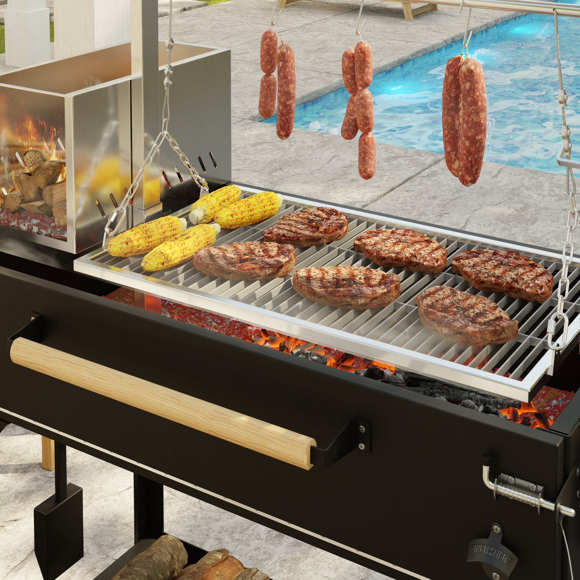 72 in. Argentine Santa Maria Charcoal and Wood Grill, Adjustable Outdoor BBQ, in Black (KM-OG-AW-72)