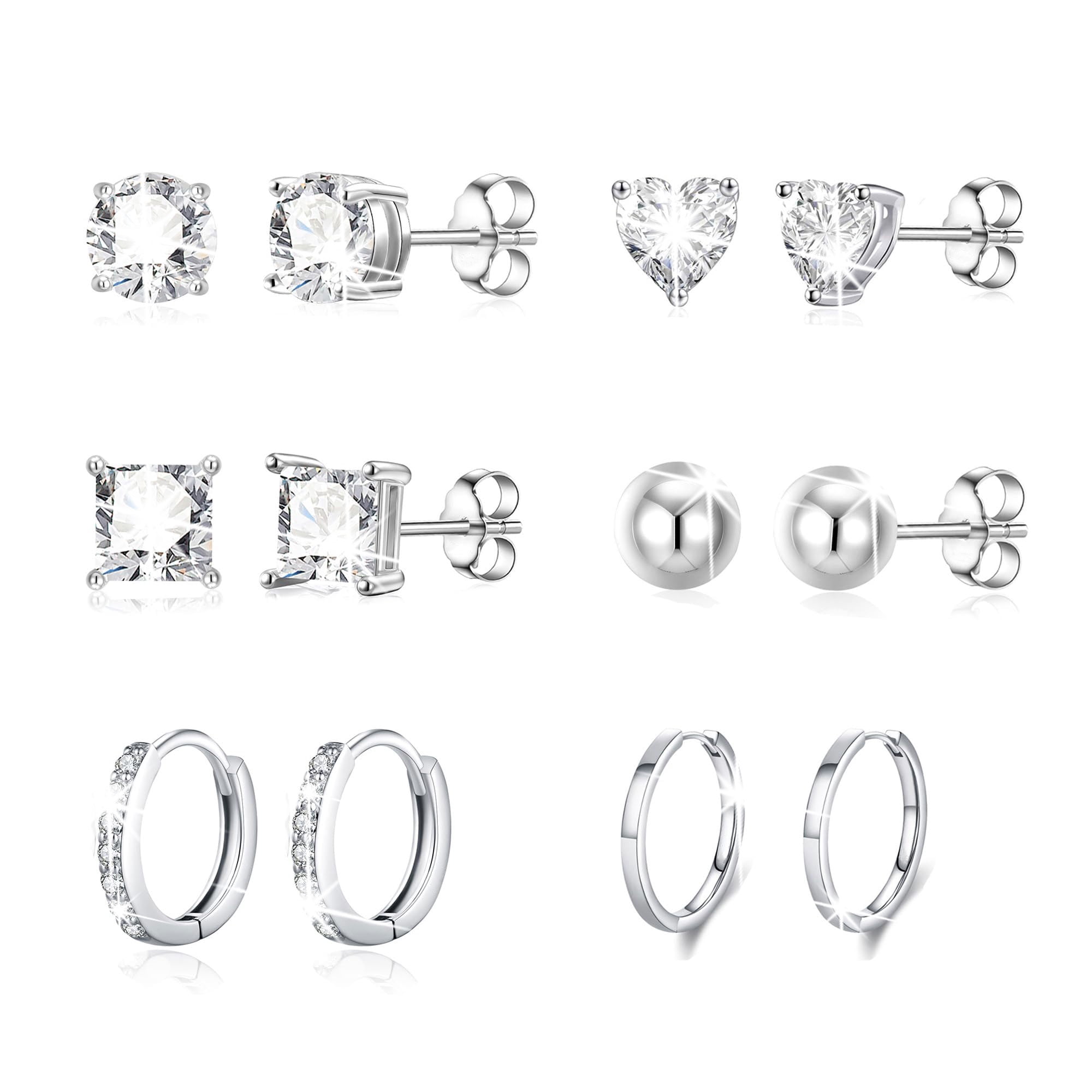 LUNVKY 6 Pairs Stud Earrings for Women Small Huggie Hoop S925 Sterling Silver Post Hypoallergenic Earring Sets for Multiple Piercing Birthday Graduation Jewelry Gifts Teen Her Wife Mom Adult Ideas