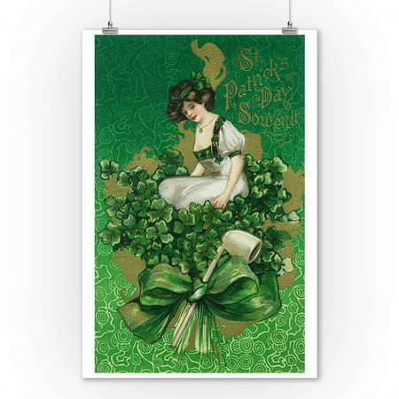 St. Patrick Day Souvenir Woman on Clover Scene (9x12 Art Print, Wall Decor Travel Poster)