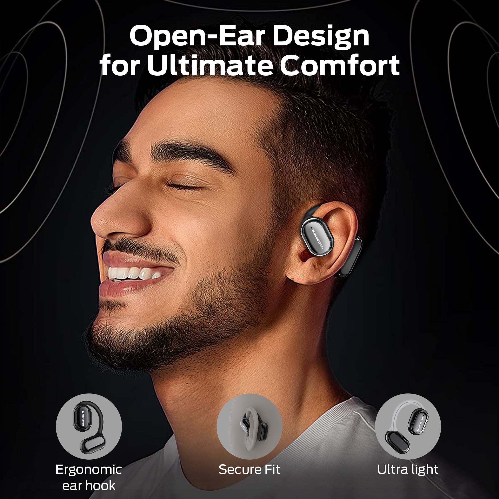 Monster Open Ear Headphones, Bluetooth 5.3 Wireless Headphones with Earhooks, Immersive Stereo Sound by Dual Large Driver, Clear Talk, 30H Playtime,Waterproof Sport Earbuds for Running
