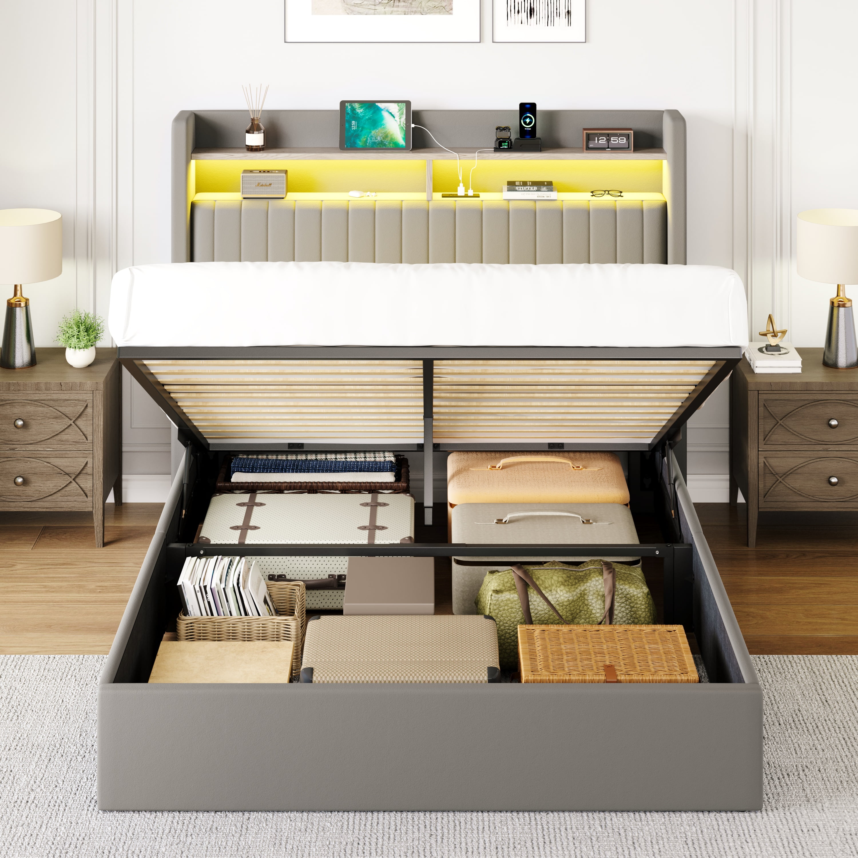 Amolife Full Hydraulic Lift-Up Storage Bed Frame, LED Headboard with Fast Charging (USB/Type-C), 2-Tier Shelves & Velvet Upholstered, Gray