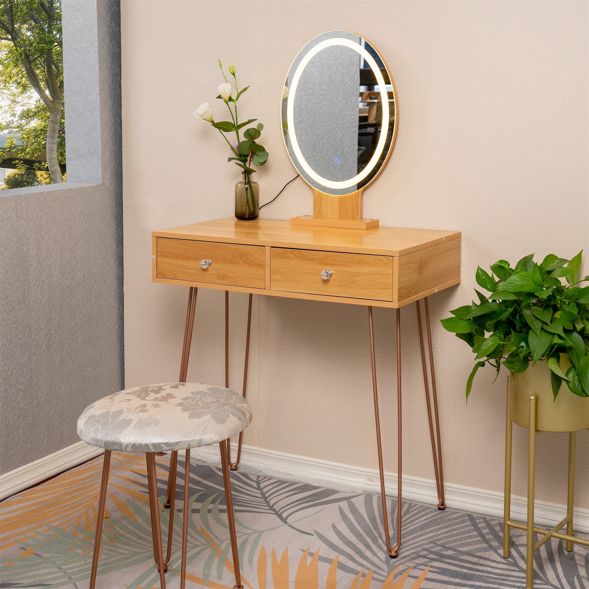 Spaco Modern Dressing Table with 3 Color Lighting Brightness Adjustable, Vanity Desk with 2 Wood Cosmetic Table Chest of Drawers and Gray Padded Stool, Nature Spaco Modern Dressing Table with 3 Color Lighting Brightness Adjustable, Vanity Desk with 2 Wood Cosmetic Table Chest of Drawers and Gray Padded Stool, Nature