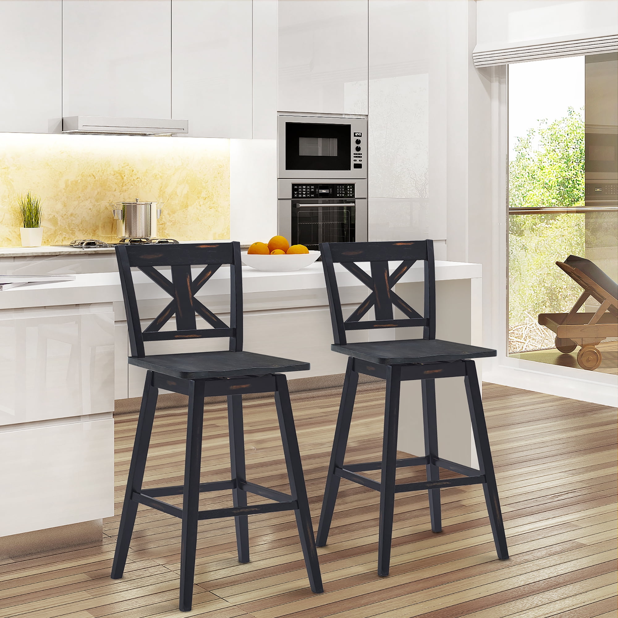 Costway Set of 2 Bar Stools Swivel Pub Height Chairs w/ Rubber Wood Legs Black