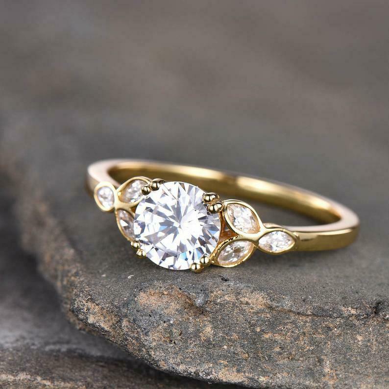 HeartsAndYou 1.5ct Round Cut Moissanite Engagement Ring for Women Leaf Marquise Accent 18k Yellow Gold Over Silver