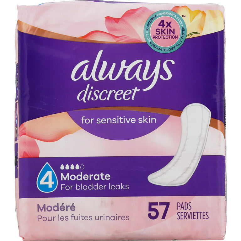 Always Discreet for Sensitive Skin Pads Moderate Absorbency Four Times Skin  Protection Soft Dermatologically Tested Fragrance-Free, 57 Count 