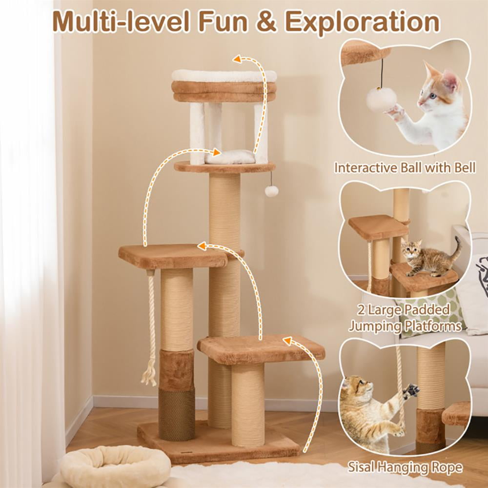 GVN Cat Tree Tower, Cat Tree, 65 Inches Tall Cat Tree with Self-groomer and Removable Cat Bed-Coffee