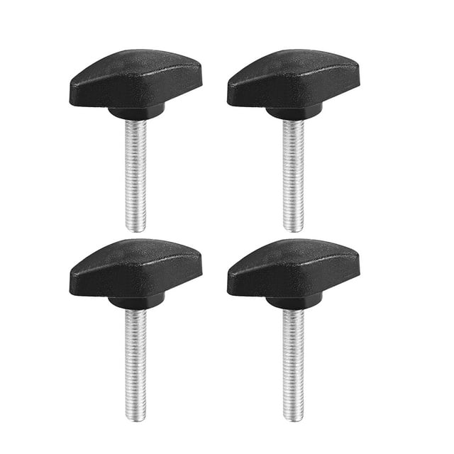 Unique Bargains Clamping Handle Screw Knobs Handle M6 x 35mm Threaded T-Shape, set of 4. Features a black plastic T-shaped head with a metal threaded shaft measuring M6 x 35mm. Suitable for lathe machines, mechanical equipment, and industrial applications. Total height is 50mm, and head diameter is 36mm.