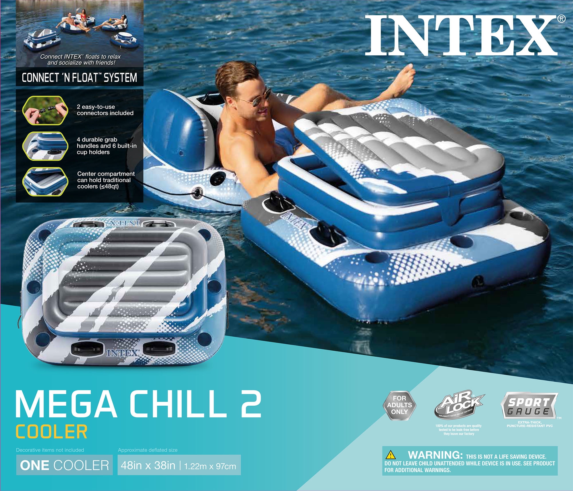 Intex Mega Chill 2 Cooler - Inflatable Floating Water with Cup Holders and Quick Connects - River Lake Pool