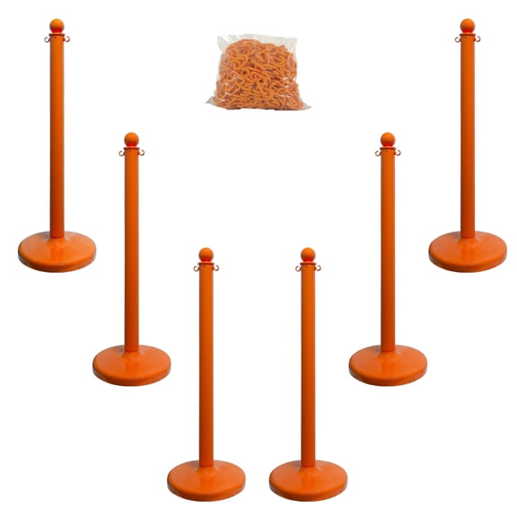 2.5 Inch Safety Orange Medium Duty Stanchion & Chain Kit (6 Pk)