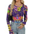 thumbnail image 4 of Mardi Gras Shirts Womens Feathers Print Mask Print Crew Neck T Shirts Glitter Long Sleeve Holiday Tops Light Green S, 4 of 5