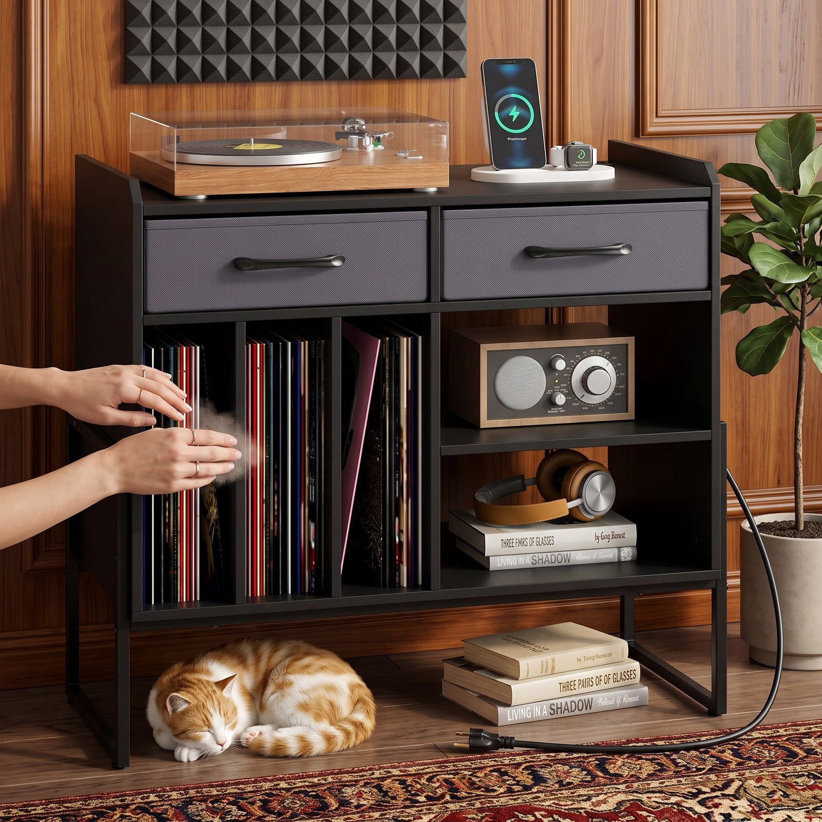 Furnibear Record Player Stand with Charging Station, Mid Century Modern Vinyl Storage Cabinet with USB and Type-C Ports, 2 Fabric Drawers and Adjustable Shelf, Black