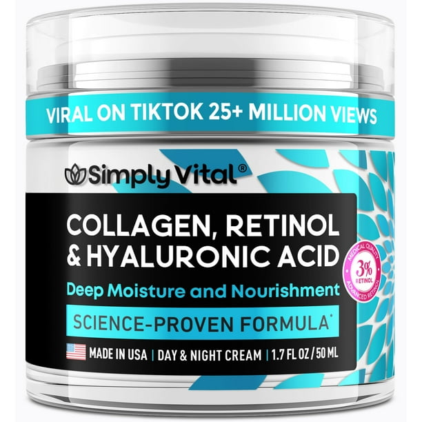 Crema de colágeno, retinol y ácido hialurónico SimplyVital - Hidratante facial antienvejecimiento para el cuidado de la piel reafirmante del rostro Cuello y escote - Crema facial humectante diaria hec