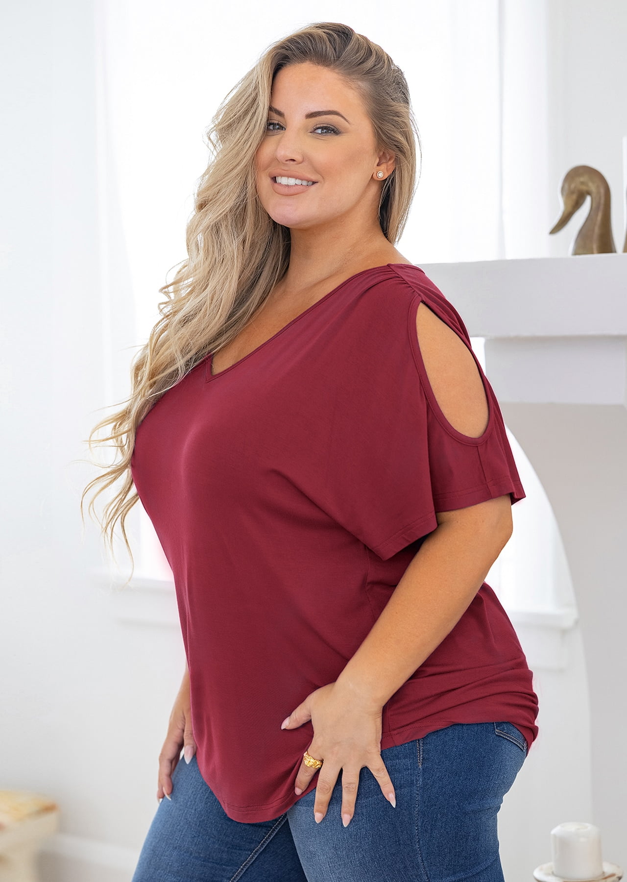 SHOWMALL Plus Size Shirt for Women Cold Shoulder Top Burgundy 2X Blouse  Short Sleeve Clothing V Neck Tunic Summer Clothes 