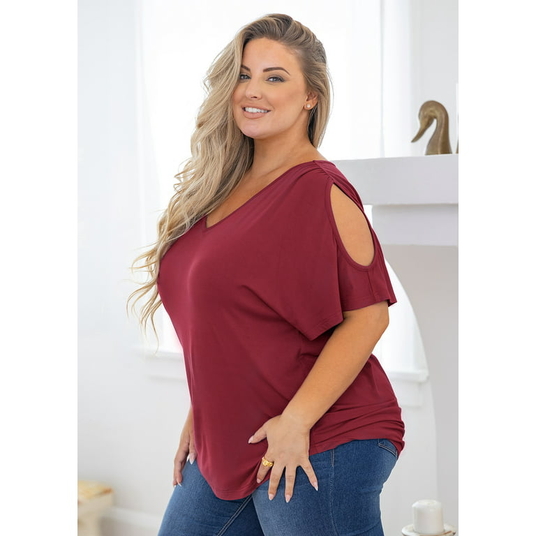 SHOWMALL Plus Size Tops for Women Cold Shoulder Clothes Gray Blue 4X Blouse  Short Sleeve Clothing V Neck Tunic Summer Shirts 