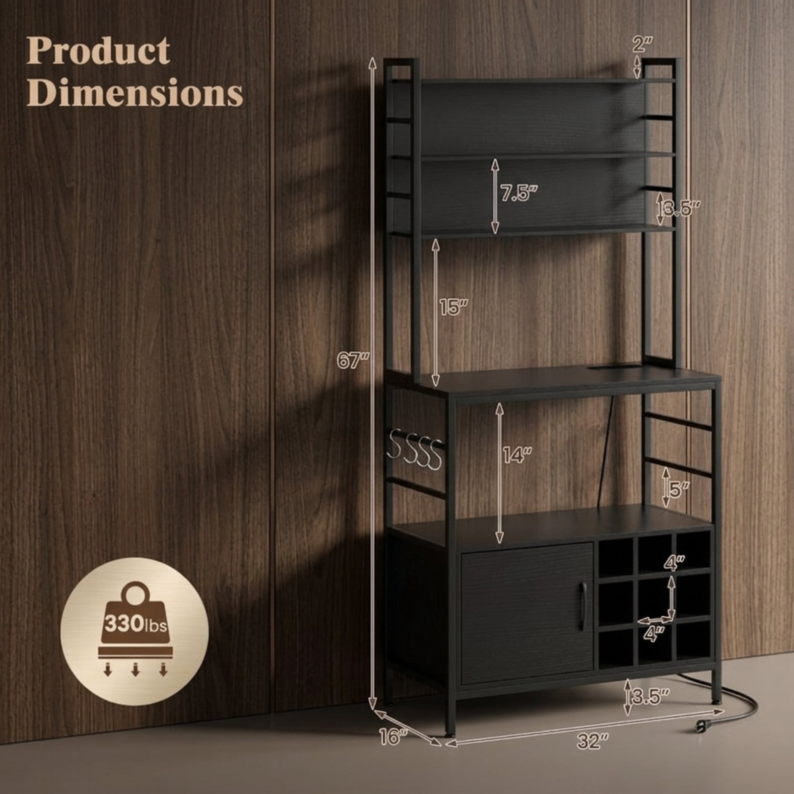 RUIE Coffee Bar Cabinet with Wine Bottle Holders and S-Hooks, Kitchen Baker's Rack Buffet Sideboard with ETL Power Outlet and Anti-Tipping Kit, Black