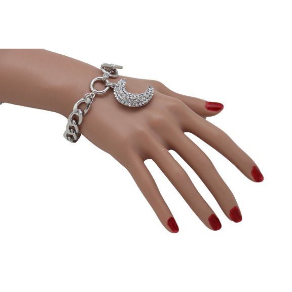 Women Silver Metal Chain Bracelet Moon Charm Crescent Cool Fashion Accessory