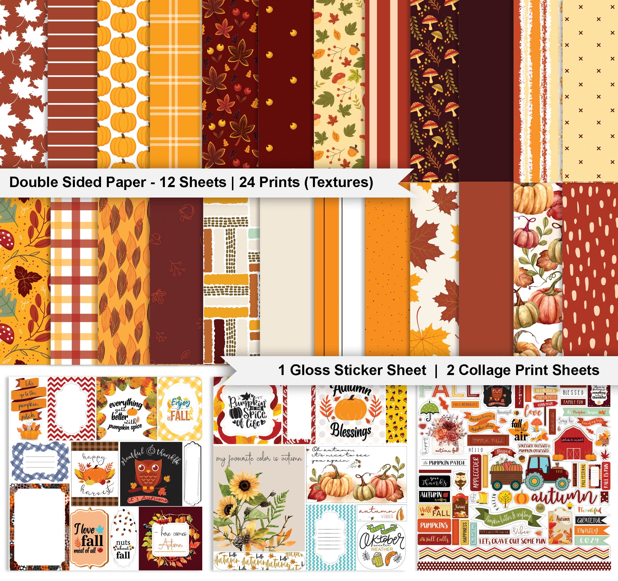 Inkdotpot Autumn Fall Theme Collection Double-Sided Scrapbook Paper Kit Cardstock 12"x12" Card Making Paper Pack With Sticker Sheet - 16 Pages - Orange