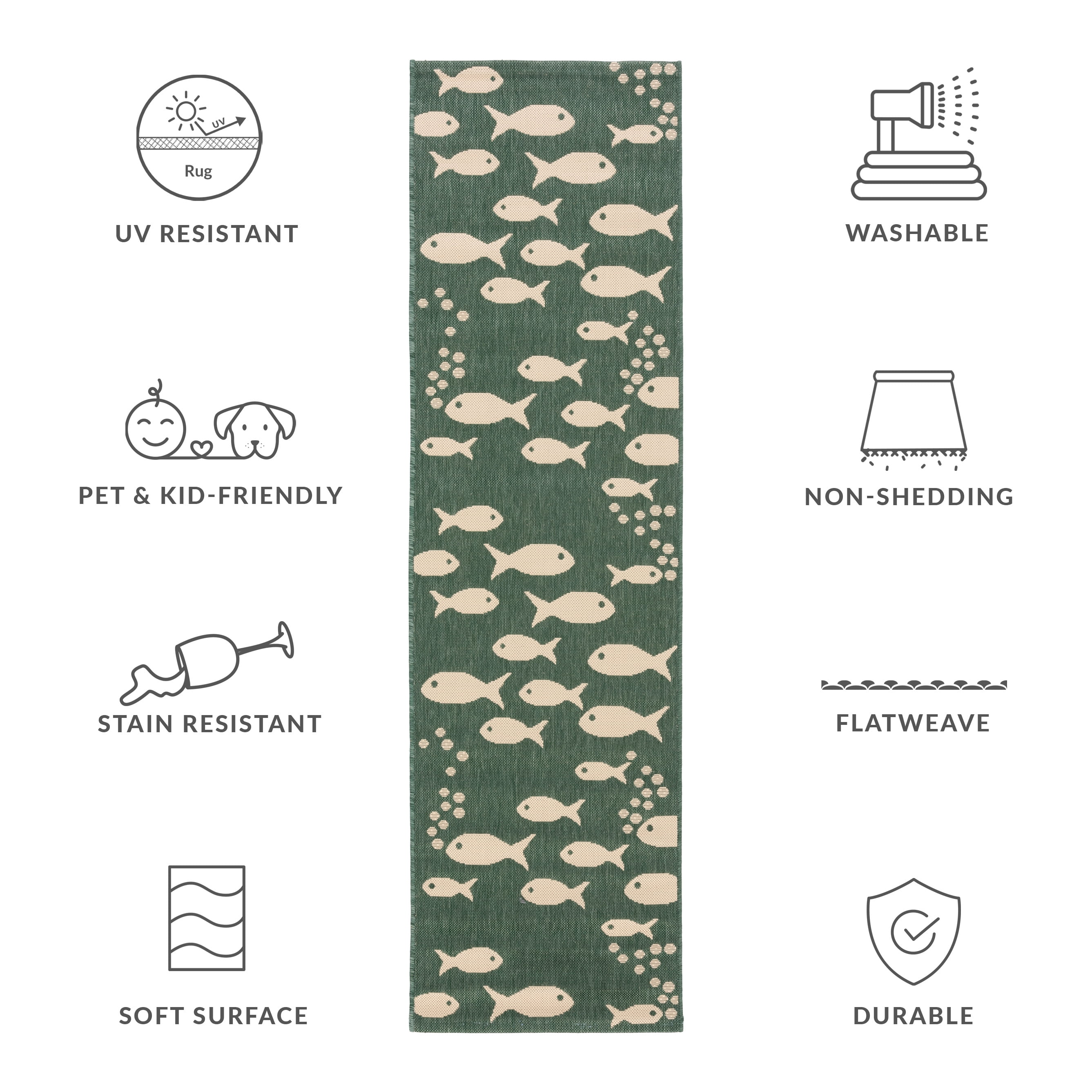 SAFAVIEH Courtyard Trena Fishes Indoor/Outdoor Runner Rug, Dark Green/Ivory, 2'3" x 10'
