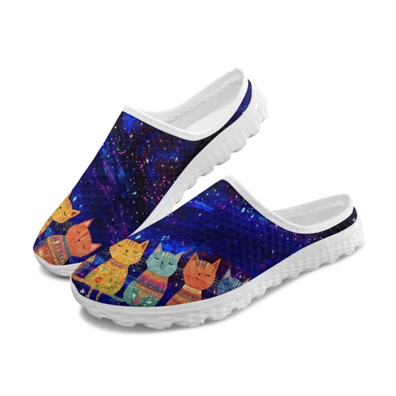 Chririnla Womens Cat Print Shoes Galaxy Colorful Cat Mules Cat Lover Slip-on Loafers Comfort Walking Shoes Breathable Slippers Closed Toe Slides for Lady Youth Girl