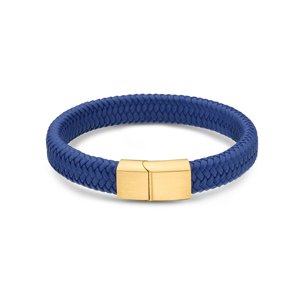Men's Blue Leather Bracelet With Stainless Steel Magnetic Clasp - Adjustable 16.5-20.5 Cm, Fashion Accessory