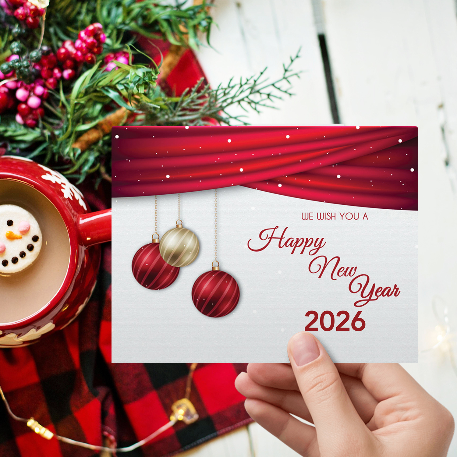 2026 Happy New Year Cards and Envelopes | Elegant Christmas, Holidays, Xmas, New Year's Eve Red Thank You Invitation Greeting Cards Set – 25 Half Fold Cards and A7 Envelopes | 5 x 7 inches (A7 Size)